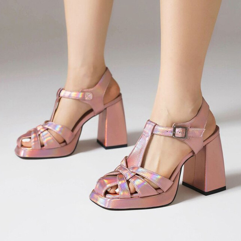 Square-toe Wide-band High-heeled Chunky-heel Womens Shoes foto 4