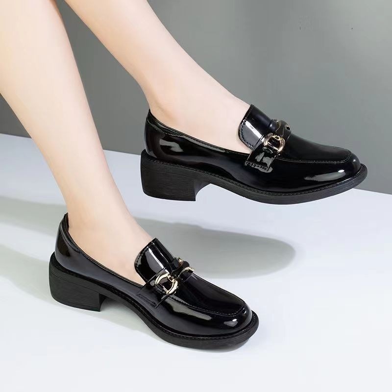 Dark Green Glossy Chunky Heel Metal Buckle Loafers For Women foto 2