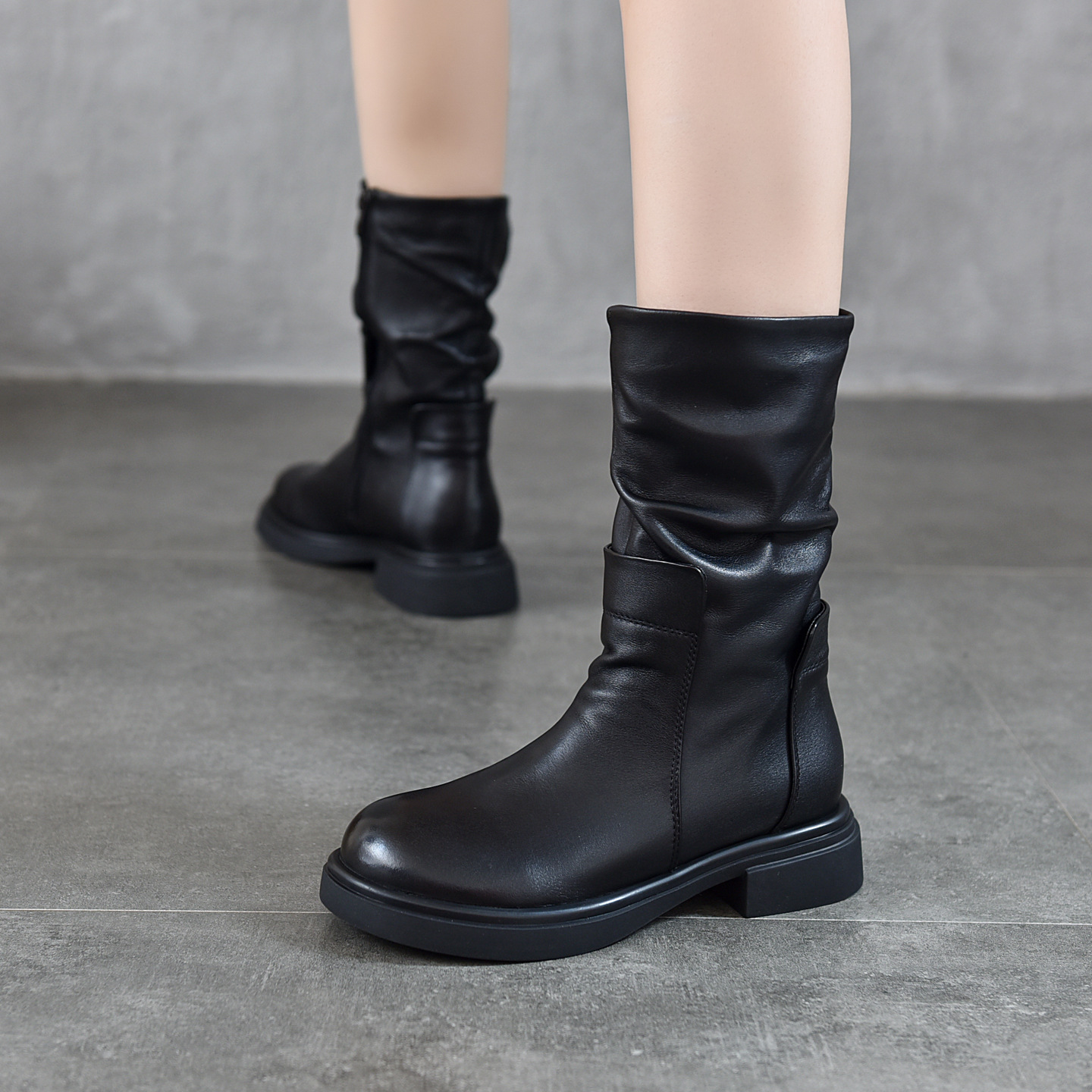 Womens Round-Toe Boots With Genuine Leather Side Zipper foto 2