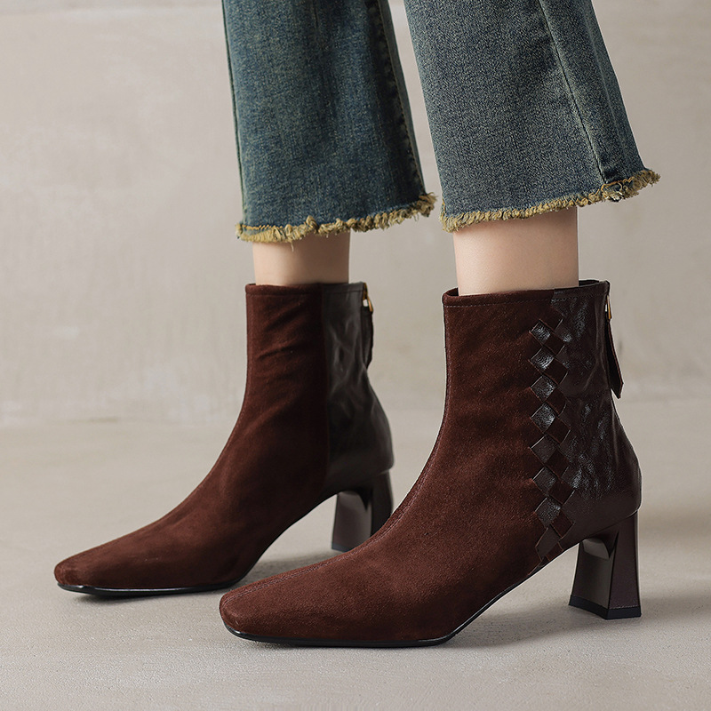 Womens Korean-style Square-toe Leather Chunky-heel Patchwork Ankle Boots foto 2