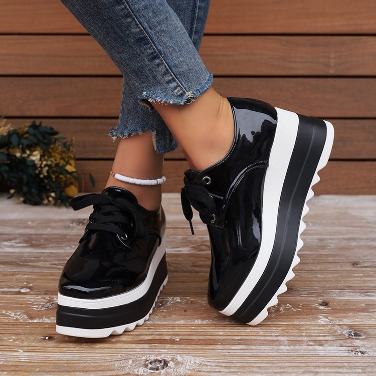 Womens Lace-up Square-toe Patent Leather Platform Wedge Heels foto 3