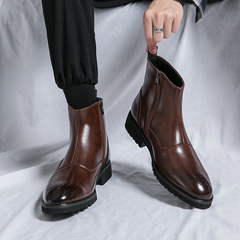Fall Winter Men Business Zipper Slip-on British Solid Color Pointed Leather Boots foto 3