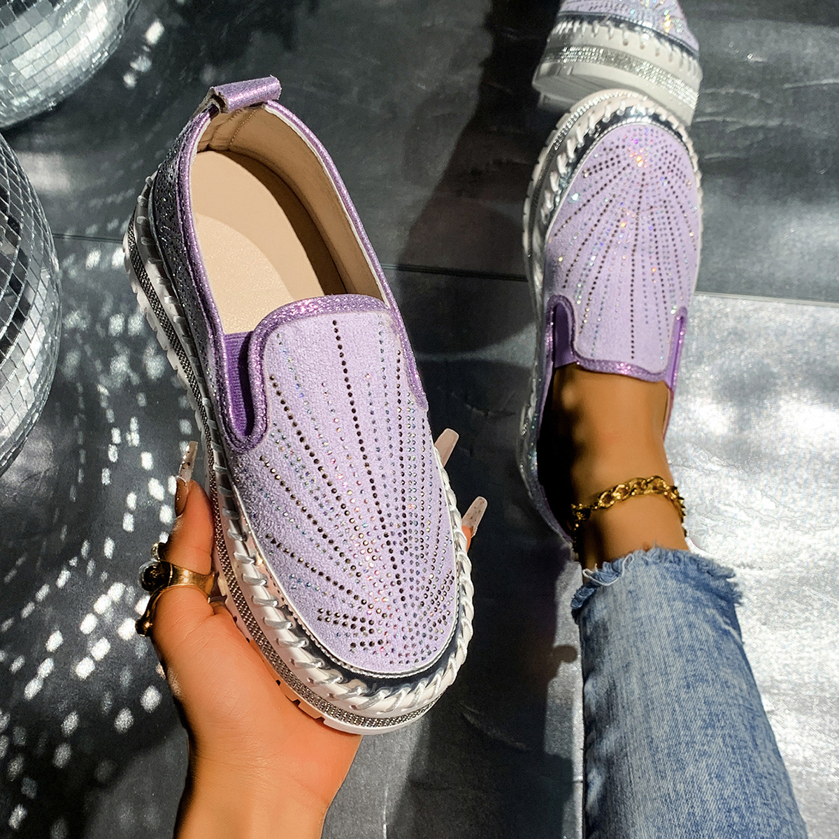 Womens Casual Low-cut Rhinestone Loafers For Cross-border Wear foto 2