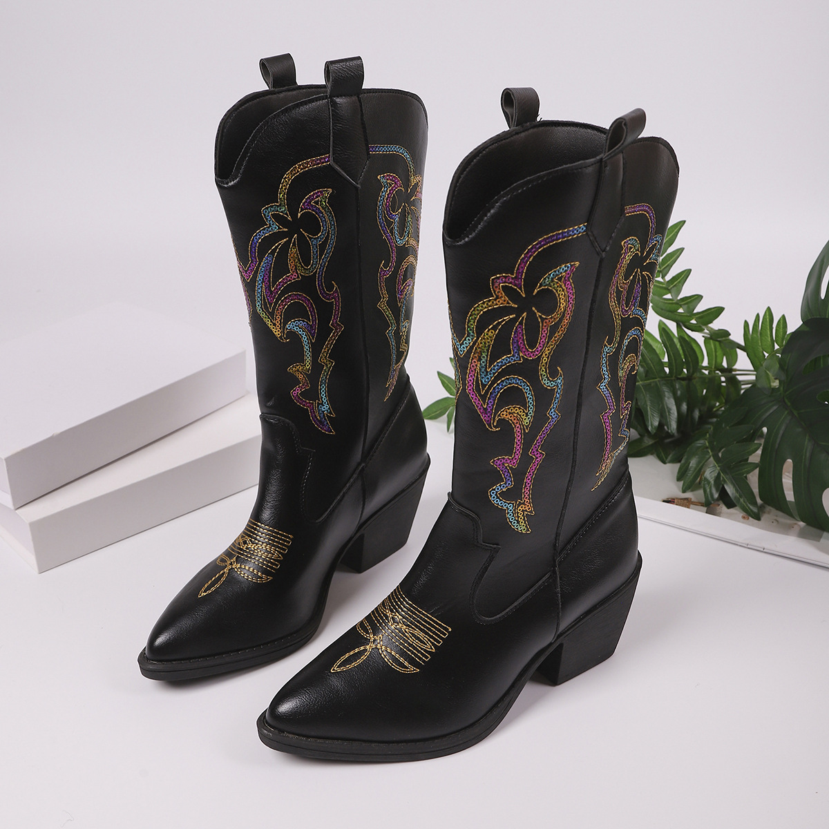 Embroidered Knight Boots Women Pointed Toe Chunky Heel Cowboy Boot foto 5
