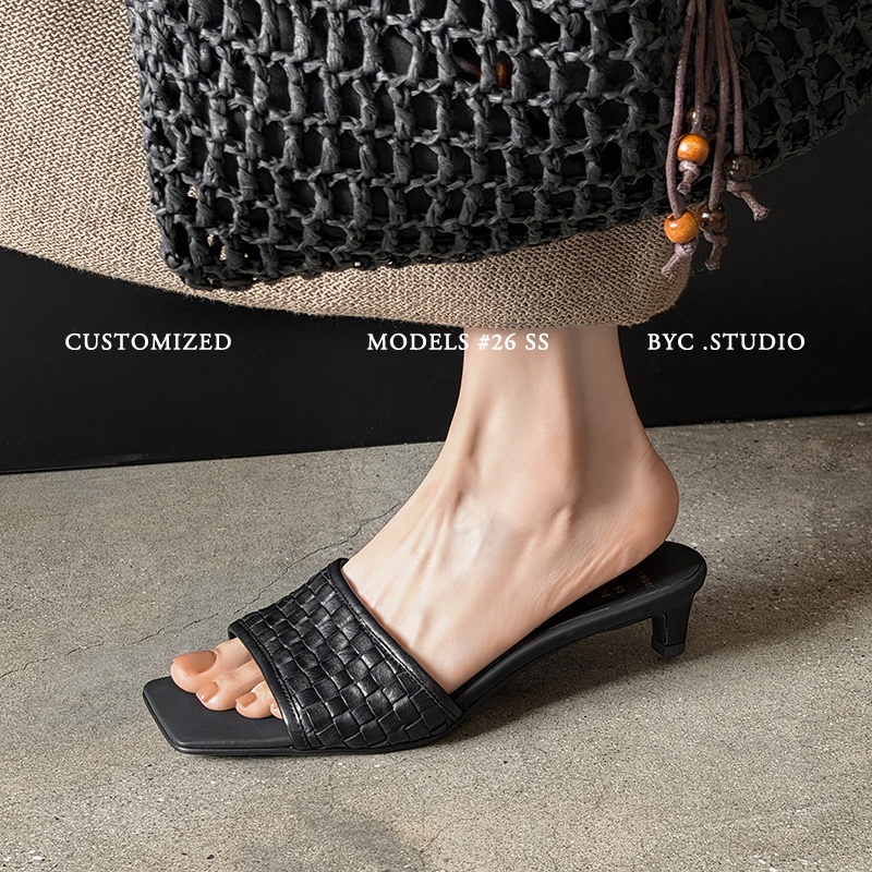 Women's Handmade Full-Grain Leather Woven Kitten Heel Slides, Square Toe Sheepskin Lined Mule Sandals foto 2