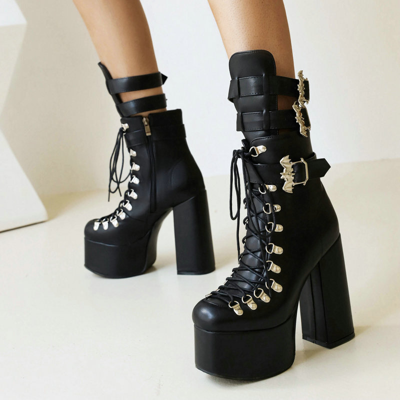 Chunky High-heel Platform Thigh-high Boots Patent Leather Black Square Toe foto 2