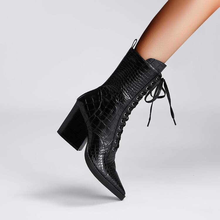 Retro Pointed Stone Pattern Chunky Heel Simple Lace High Heels Fashion Boots foto 5