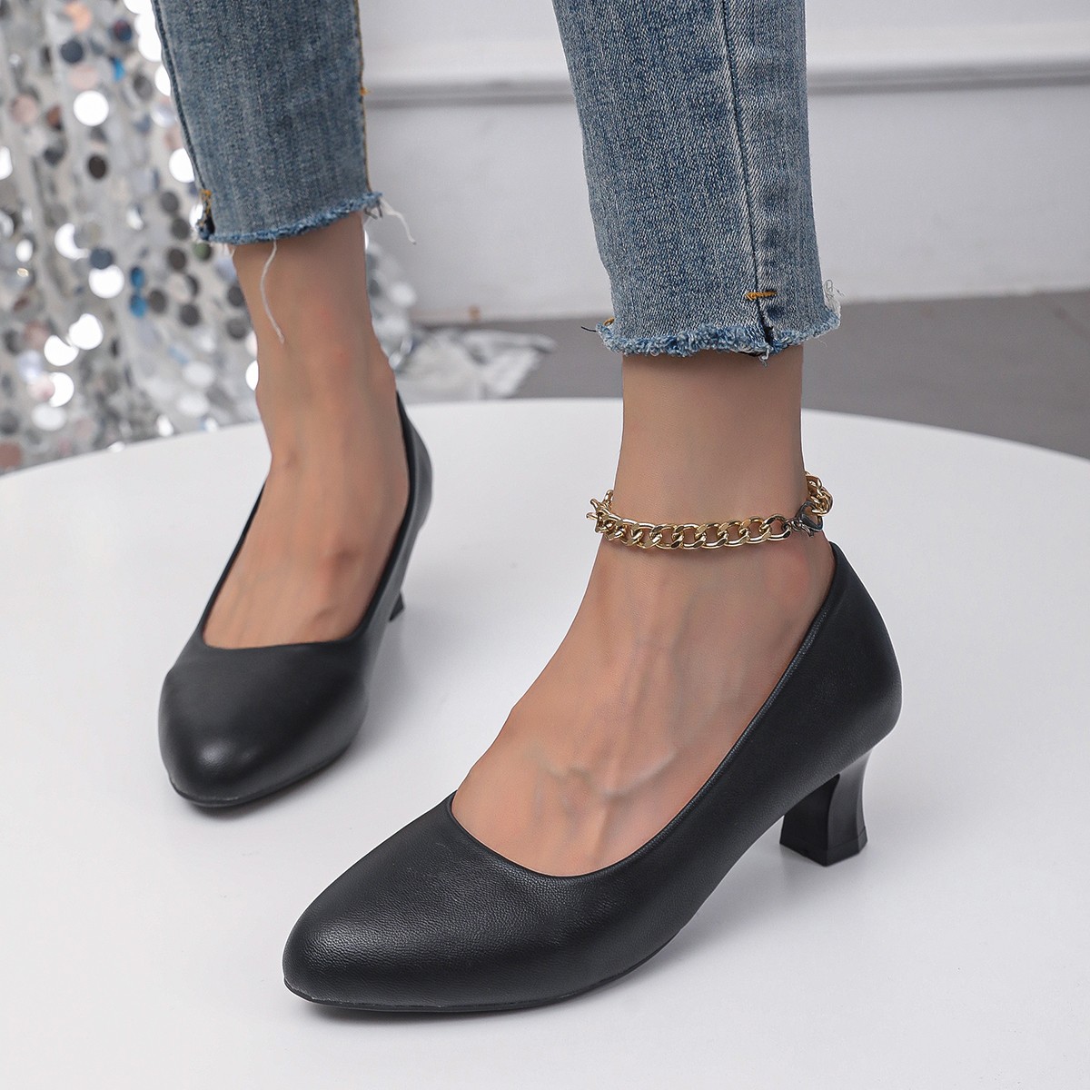 Chunky Heel Not Tired Feet High Heels Small Leather Shoes foto 2