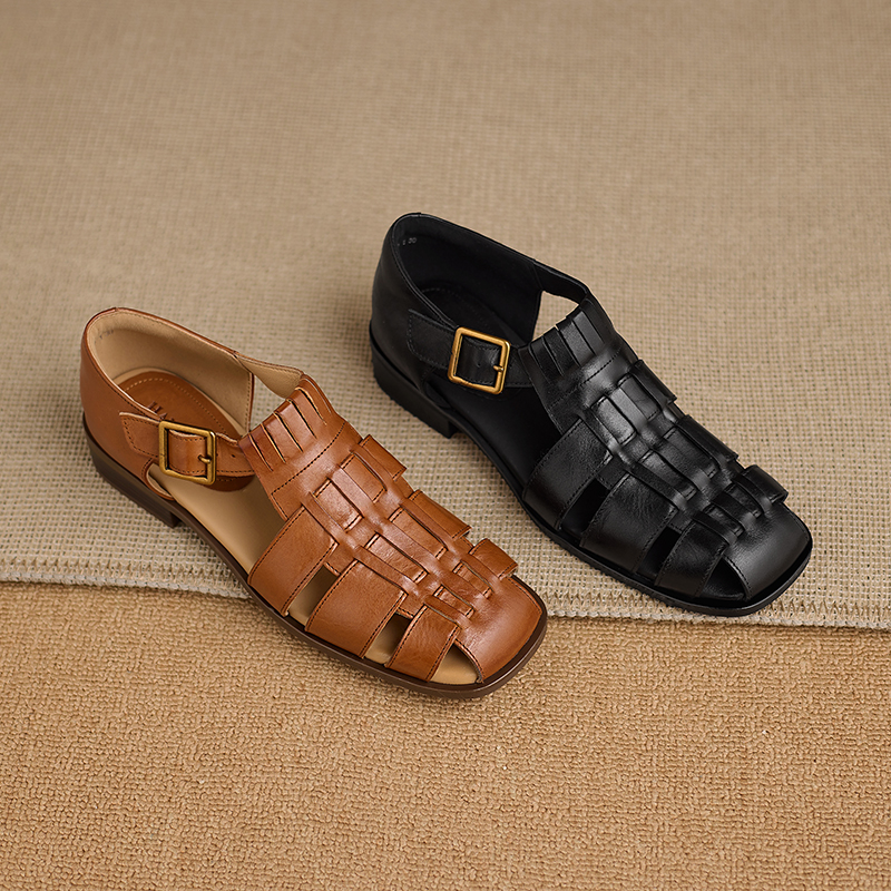 Women's Handmade Full-Grain Leather Fisherman Sandals, Woven Closed Toe Buckle Flat Shoes foto 3