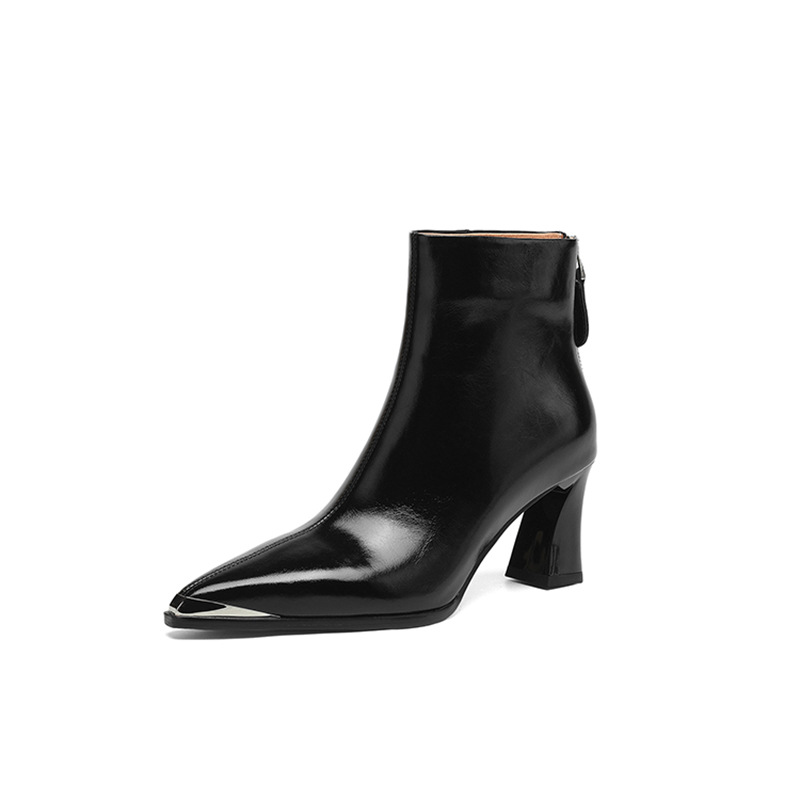 Sexy Stylish Metal Pointed Toe Ankle Boots Women's High Heel Thick Heel Genuine Leather Spring And Autumn