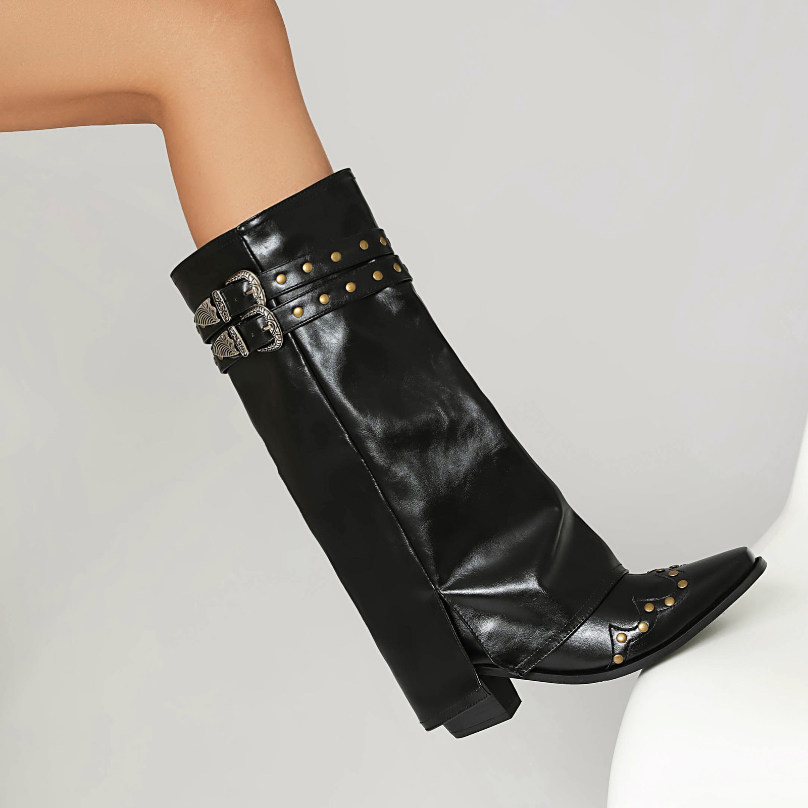 Rivet Chunky Heel Belt Buckle Tall Boots Women foto 3