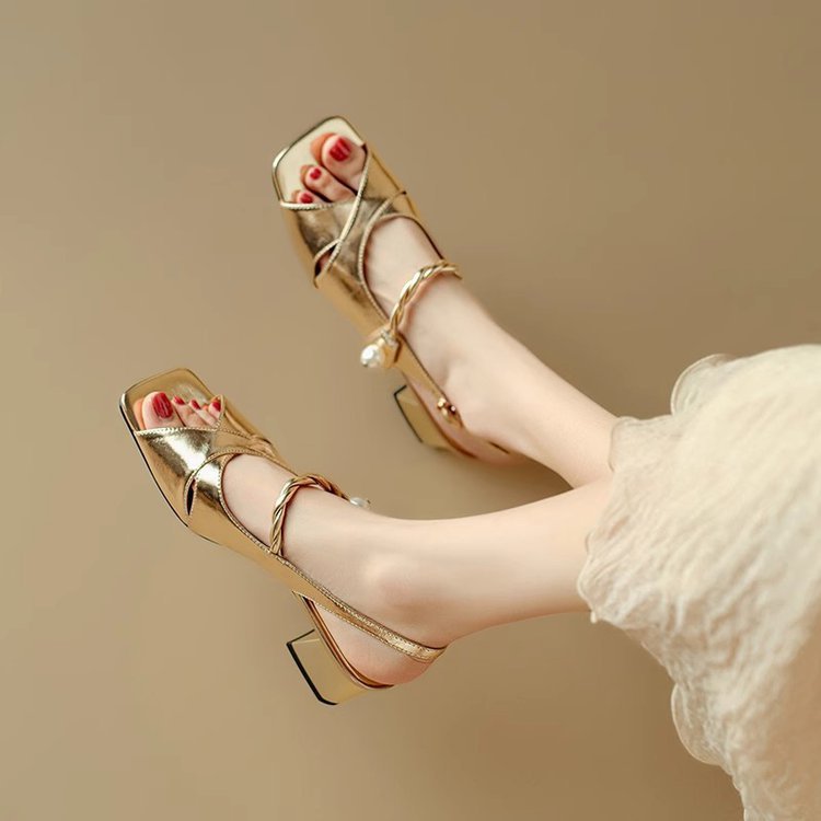 French Style Buckle Open Toe High Heel Fish Mouth Square Toe Sandals Women foto 4