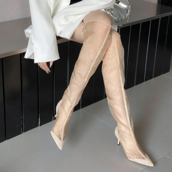 Fashion Pointed Transparent Mesh High Leg Boot Back Zipper Breathable Stiletto Heel Sandal Boots foto 2