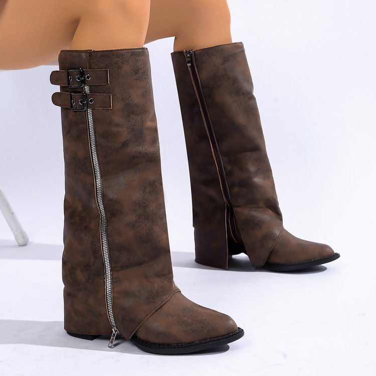 Pointed-toe Vintage Leather-buckle High-heeled Boots For Women foto 2