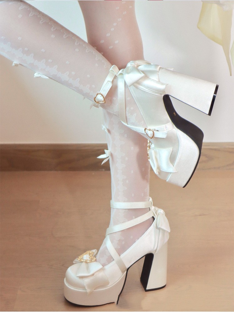 Waterproof Platform Satin Thick Heel Bowknot Love Cross Buckle Strap High Heel Pumps foto 4