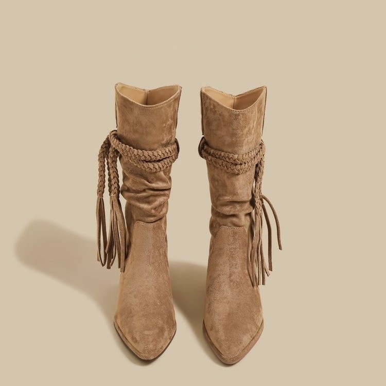 Tassel Hemp Rope Martin Boots Women Pointed Toe Chunky Heel Cowboy Boot foto 2