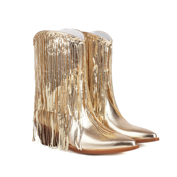 Sexy Sequin Tassel Pointed-Toe Chunky-Heel Ankle Boots For Women foto 2