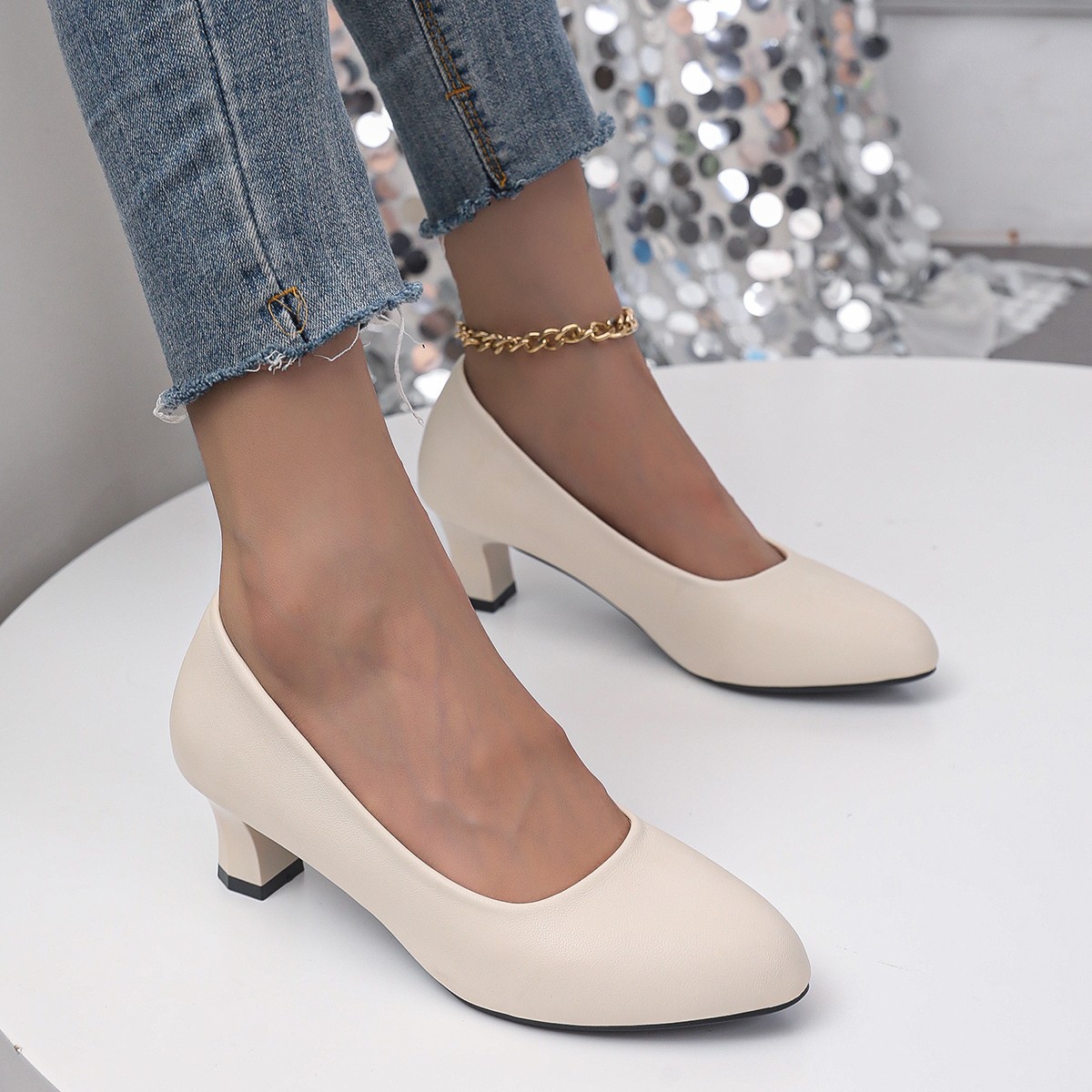 Chunky Heel Not Tired Feet High Heels Small Leather Shoes foto 3