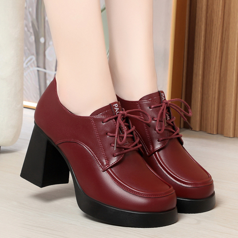New Spring Autumn Lace-Up Deep-V Shallow-Shoe Soft Leather Chunky Heel Platform Elegant High Heels For Women foto 3
