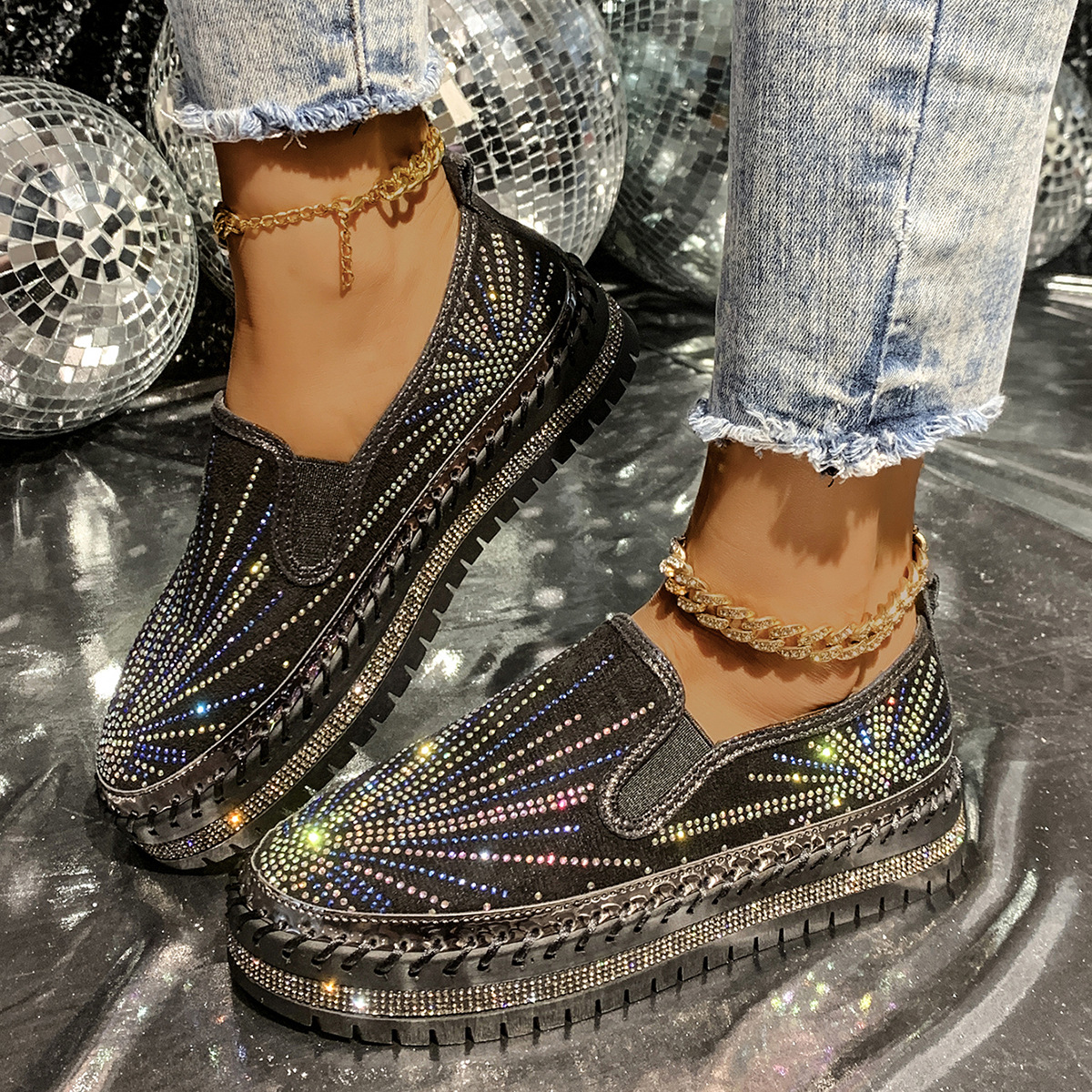 Womens Casual Low-cut Rhinestone Loafers For Cross-border Wear foto 3