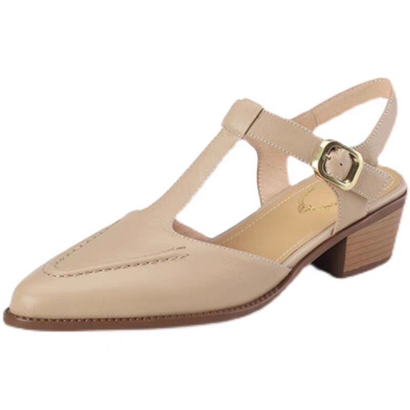 Women's Soft Leather Pointed Sandals New Summer Closed Toe Chunky Heel foto 3