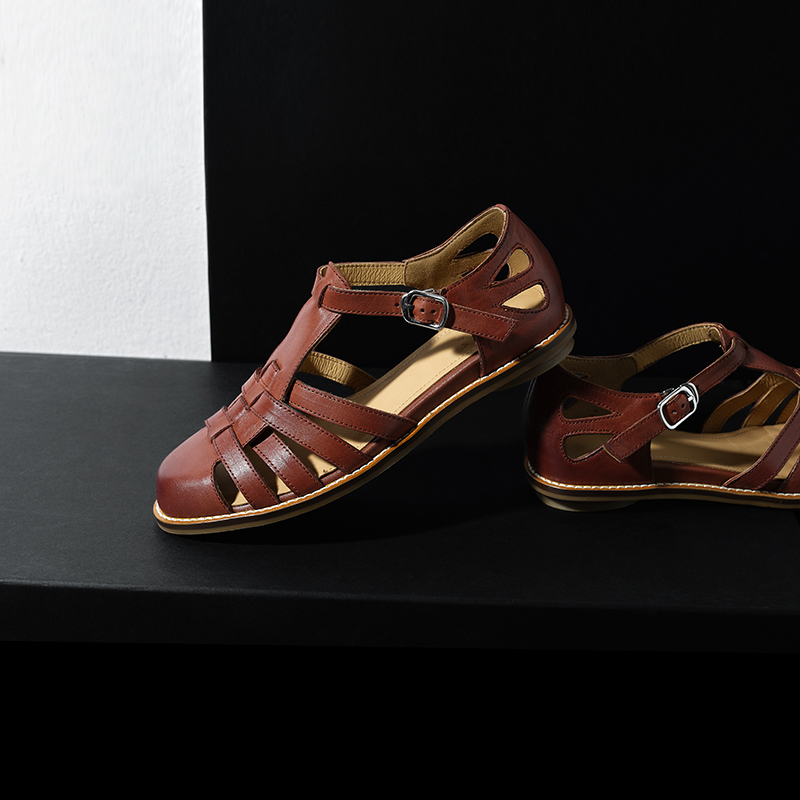 Women's Premium Washed Full Grain Leather Fisherman Sandals, Closed-Toe Woven T-Strap Flats foto 5