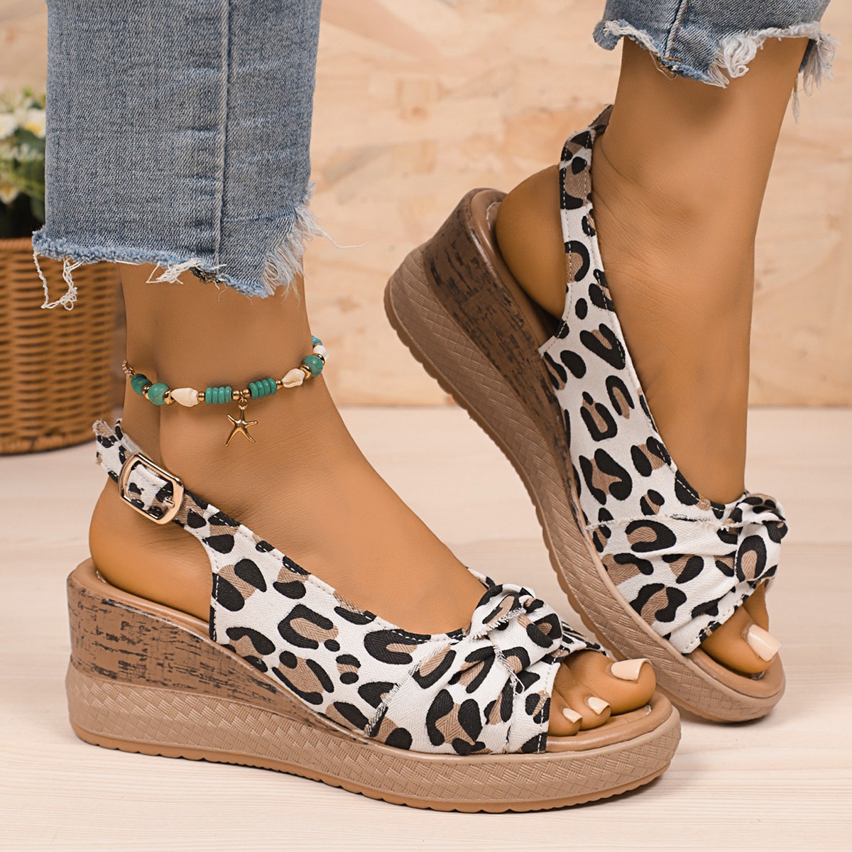 Women's Plus Size Hemp Rope Bow Wedge Casual Sandals foto 4