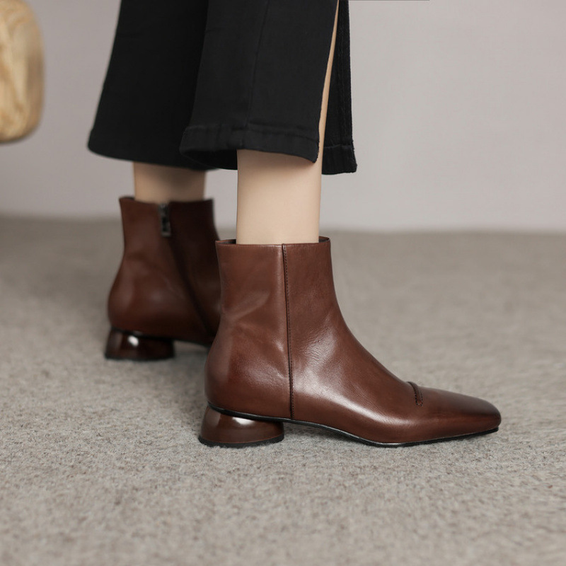 Women's Fashion Cowhide Shoes With A Square Toe, Side Zipper, And Chunky Mid-heel foto 4