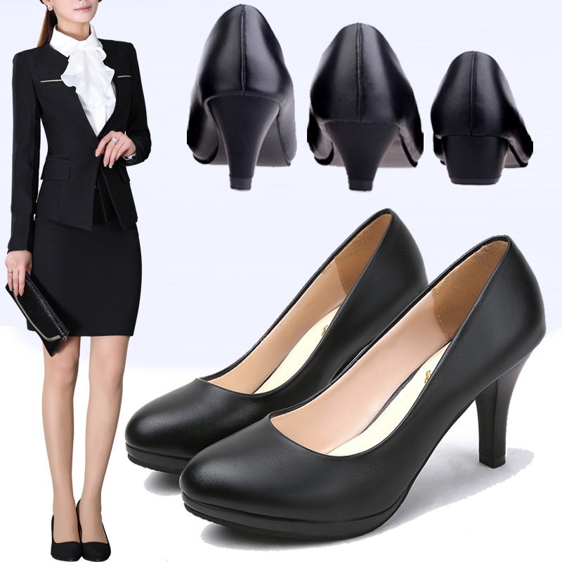 Black Leather High Heels Mid-heel Stiletto foto 3